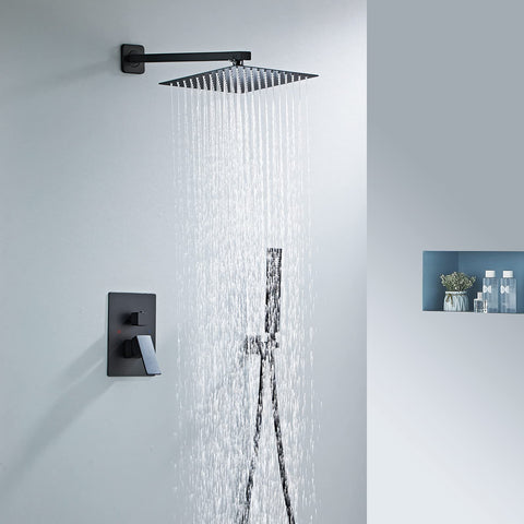 Matte Black 10 Inch Rainfall Square Shower Head System With Multi Function Wall Mounted Trim Kit Easy Install Game Changer Spa Quality Water Pressure For Modern Bathrooms installed in modern bathroom.