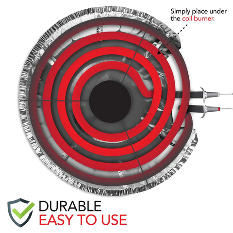 Round Electric Stove Burner Covers 50 Pack 6 Inch And 8 Inch Disposable Aluminum Foil Stove Top Bib Liners shown under coil burner