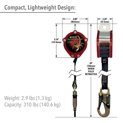 Scorpion 9 Foot Personal Fall Limiter With D Ring Swivel Hook And Steel Locking Snap Hook 310 Lb Capacity OSHA ANSI CSA Compliant