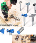 Forstner drill bits 45mm tungsten carbide cutters for wood, blue and silver bits shown