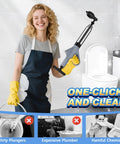Heavy Duty High Pressure Toilet Plunger And Air Drain Blaster That Kicks Stubborn Clogs To The Curb Fast Saves You Serious Dough On Plumbers And Keeps Your Bathroom Running Smooth In Sleek Grey Finish held by a smiling woman in cleaning gloves.