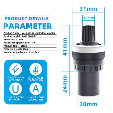 4 Pack 5K Rotary Potentiometers For Inverter Motor Speed Control And VFD Tuning, Smooth Adjustable Resistance Dial For Fast, Precise Speed Regulation In Industrial Machines. Black 22mm 5K rotary potentiometer, LA42DWQ-22, with 31mm top and 41mm body