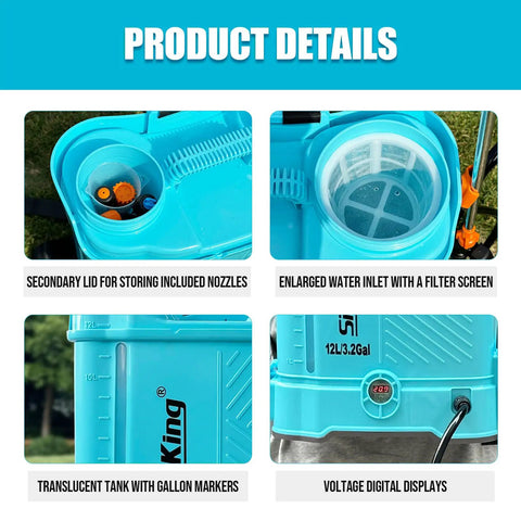 Beast Battery Powered Backpack Sprayer 3.2 Gallon with Makita 18V Battery, showing nozzle storage, water inlet, translucent tank, and display.