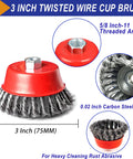 3 inch twisted wire cup brush with 5/8-11 threaded arbor, steel wires; rust removal tool for angle grinders
