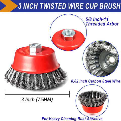3 inch twisted wire cup brush with 5/8-11 threaded arbor, steel wires; rust removal tool for angle grinders