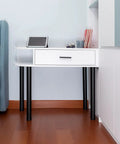 White desk with black metal legs, showcasing 30 Inch Adjustable Metal Desk Legs Set Of 4, ideal for DIY computer desks.