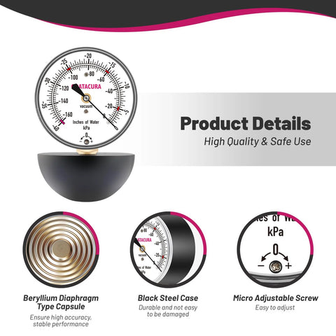 GOATACURA vacuum suction gauge on black base, white dial with 0–160 inches of water, 2.5-inch dial