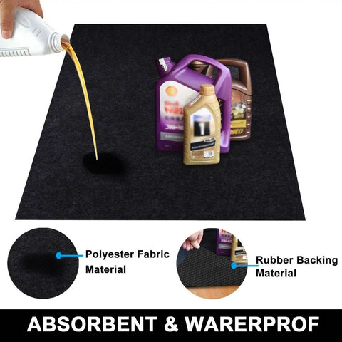 Garage Floor Mat 30 X 36 Inches Heavy Duty Oil Spill Absorbent Mat With Waterproof Backing, showing oil absorption and rubber backing.