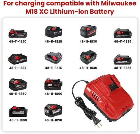 Red Rapid 18V Lithium Battery Charger Station next to compatible Milwaukee M18 XC lithium-ion batteries.