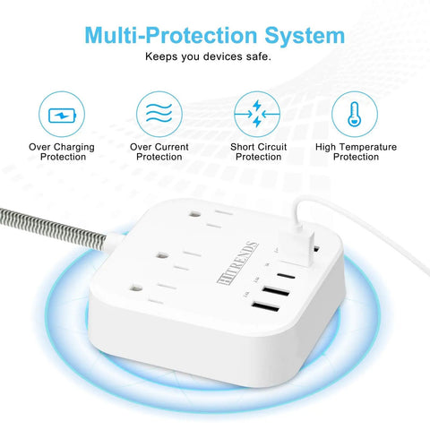 Beefy 10 Outlet Power Strip With 3 USB Ports And 1 USB C 1875W Surge Protector 3600 Joules showcasing multi-protection system.