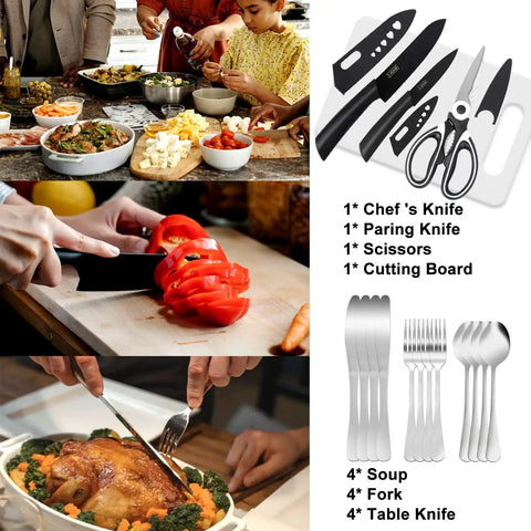 Family using 35 Piece Camping Kitchen Utensil Set Portable Outdoor Cooking Tools For Camping RV Backpacking And BBQ.