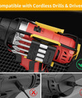 Universal Magnetic Bit Holder For Cordless Drills And Screwdrivers on a drill with grab-and-go belt clip, eight bits visible