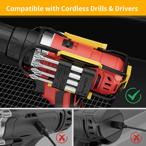 Universal Magnetic Bit Holder For Cordless Drills And Screwdrivers on a drill with grab-and-go belt clip, eight bits visible