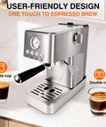 Professional 20 Bar Espresso Machine With Visible Pressure Gauge And Swivel Steam Wand For Silky Milk Foam And Smooth Operator Performance Daily Countertop Coffee Maker beside single and double espresso cups.