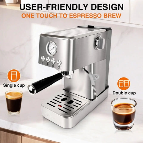 Professional 20 Bar Espresso Machine With Visible Pressure Gauge And Swivel Steam Wand For Silky Milk Foam And Smooth Operator Performance Daily Countertop Coffee Maker beside single and double espresso cups.