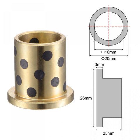 Rock Solid Flanged Sleeve Bearings At 16mm Bore With 20mm Od Measuring 25mm Long, brass bushing with black dots design.