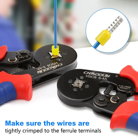 Pro Grade Ferrule Crimping Tool Kit With 1900 Wire Ferrule Terminals For AWG 23 To 7 Self Adjusting Ratchet Crimper in use