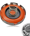 Close-up view of Pleoos PCV valve diaphragm cover repair kit: orange circular diaphragm with metal spring