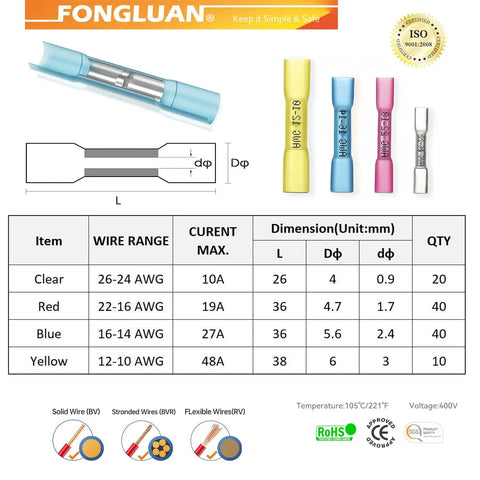 110 Piece Heat Shrink Butt Connectors Kit For 26 To 10 Gauge Wire With Solder Seal Waterproof Insulated Quick Splice Terminals chart
