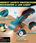 Cordless Electric Cardboard Cutter Scissors With 3000 Mh Battery showing safety lock and LED light features.