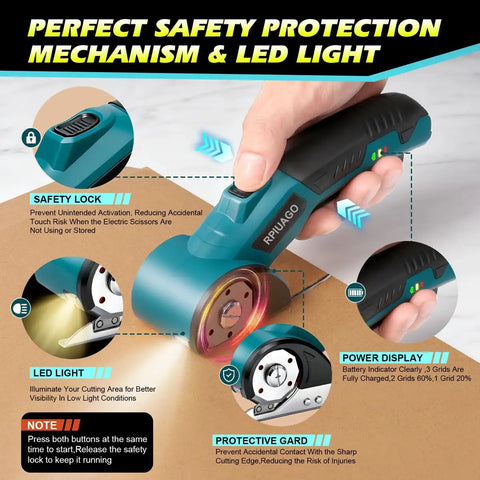 Cordless Electric Cardboard Cutter Scissors With 3000 Mh Battery showing safety lock and LED light features.