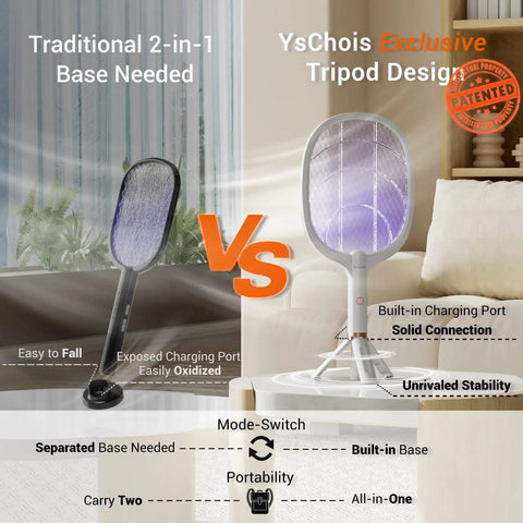 Comparison of traditional base vs. Beast Electric Fly Zapper Racket 4000 Volt Bug Killer with tripod stand for stability.