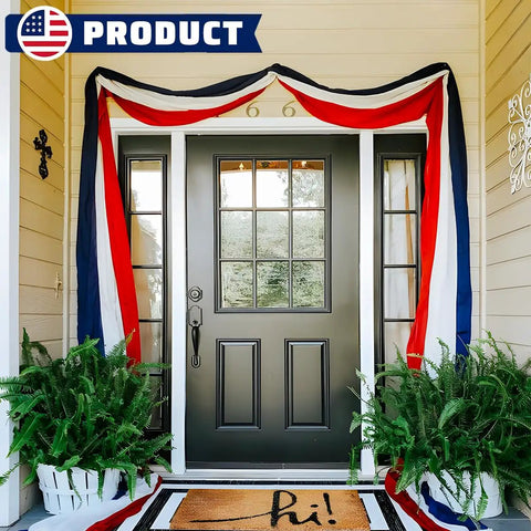 Patriotic Bunting US Flag Decorations 2 Pack 2x20 Ft Red White Blue Banner For Outdoor Porch Garden Celebrate Memorial Day Veterans Day And Fourth Of July With All American Flag Decor displayed on a front porch.