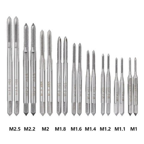 Kickstart Your DIY Projects With This Slick 31 Piece Metric Tap Die Set Including All Sizes From M1 To M2.5 Plus Handy T-Wrench For Serious Thread Cutting And Repair Work You Can Trust. Metric tap set M1-M2.5 HSS taps shown