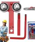 Heavy Duty Chainsaw Bar Rail Closer Tool for Precise Rail Alignment and Chain Grinding, adjustable dual bearing rollers, red cast iron steel.