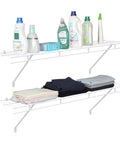 2 Pack Wall Mounted Closet Shelves 4 Foot X 12 Inch Steel Wire Shelving Kit With Rust Resistant Coating For Heavy Duty Storage and Kicking Clutter To The Curb Today For Quick No Fuss Setup with detergent bottles and folded towels.