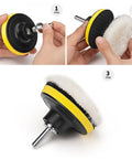 Hands assembling Pro Grade Car Foam Drill Polishing Pad Kit 22 Piece With 3 Inch Sponge Pads Wool Buffers for auto detailing