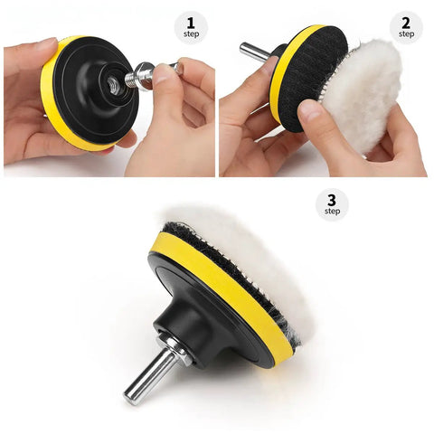 Hands assembling Pro Grade Car Foam Drill Polishing Pad Kit 22 Piece With 3 Inch Sponge Pads Wool Buffers for auto detailing