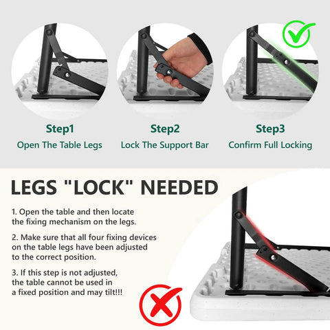 Assembly steps for Heavy Duty 4 Foot Folding Table With Fold In Half Design Adjustable Height Grab And Go Portable Utility Table
