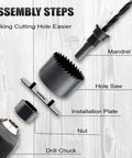PETUOL hole saw set (3/4"–5") with mandrel, installation plate, nut and drill chuck on a wood surface