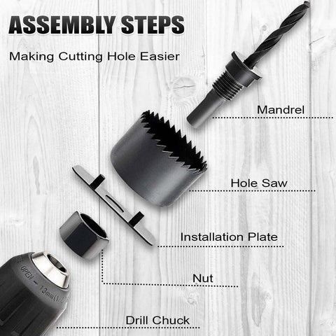 PETUOL hole saw set (3/4"–5") with mandrel, installation plate, nut and drill chuck on a wood surface