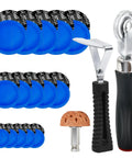 Top Shelf 33 Piece Tire Patch Kit With 30 Rubber Inserts In Three Sizes Plus Roller And Scraper For Quick Car Motorcycle And Bike Repairs That Make Fixing Flat Tires A Snap Hella Tough Gear For Every Road contains blue rubber patches and tools