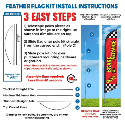 Repair Shop Promo Pack With Four Feather Flag Kits, Telescoping Aluminum Pole Sets And Ground Stakes installation guide showing assembly steps.