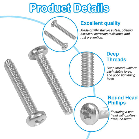 Rock Solid 20 Pack M4 X 35mm Pan Head Machine Screws Crafted From Top Shelf 304 Stainless Steel With Phillips Cross Drive showing threads and head design.