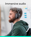 Person wearing Zone Vibe 100 Wireless Over Ear Headphones With Noise Canceling Microphone for All Day Work and Play in office.