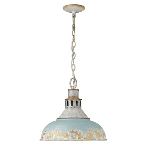 Teal Kinsley Pendant Light in aged galvanized steel for farmhouse kitchen island, rustic vintage inspired ceiling light fixture