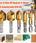 Six Piece Countersink Drill Bit Set With One Quarter Inch Hex Shank HSS Pro Grade Five Flute Countersinks For Wood From Six To Nineteen Millimeters, 90 Degree Center Punch, Quick Change Bit System For Clean, Precise Finishes