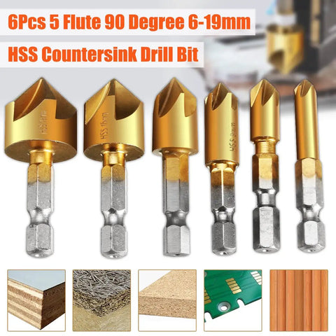 Six Piece Countersink Drill Bit Set With One Quarter Inch Hex Shank HSS Pro Grade Five Flute Countersinks For Wood From Six To Nineteen Millimeters, 90 Degree Center Punch, Quick Change Bit System For Clean, Precise Finishes