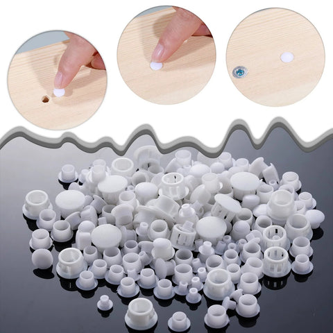 Assorted white plastic hole plugs in four sizes for cabinets and furniture, shown in use sealing screw holes