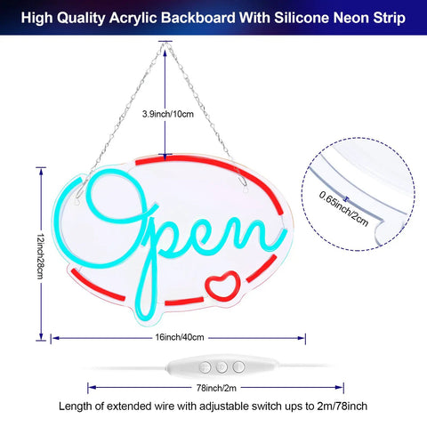 Open Sign For Business 16x12 Inch LED Neon Sign USB Powered Brightness Adjustable with dimensions and wire details