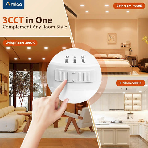 Hand adjusting color temperature on 4 Inch LED Recessed Can Lights 12 Pack Dimmable Damp Rated 650 Lumen for living room, kitchen, bathroom