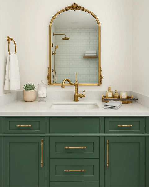 Elegant bathroom with green vanity and 10 Pack 3 Inch Antique Brass Cabinet Pulls, Vintage Zinc Alloy Handles For Kitchen Drawers.