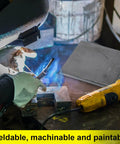Person welding near 4 Pcs Hot Rolled ASTM A36 Steel Plates Half Inch Thick 4X4 Inch Flat Metal Plates, tools visible