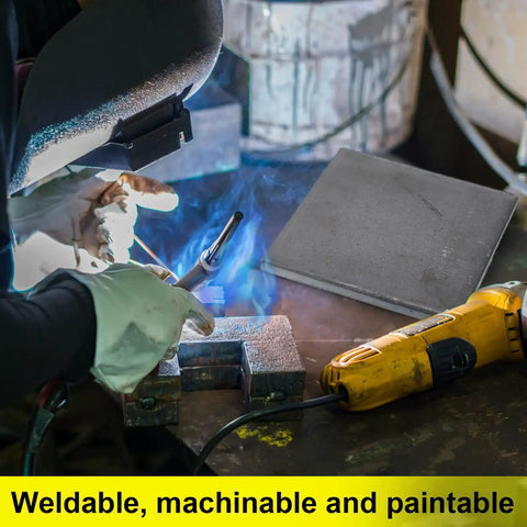 Person welding near 4 Pcs Hot Rolled ASTM A36 Steel Plates Half Inch Thick 4X4 Inch Flat Metal Plates, tools visible