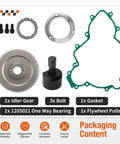 Beefed-Up Flywheel Puller And Starter Clutch Idler Gear One Way Bearing Kit contents with gasket and bolts displayed