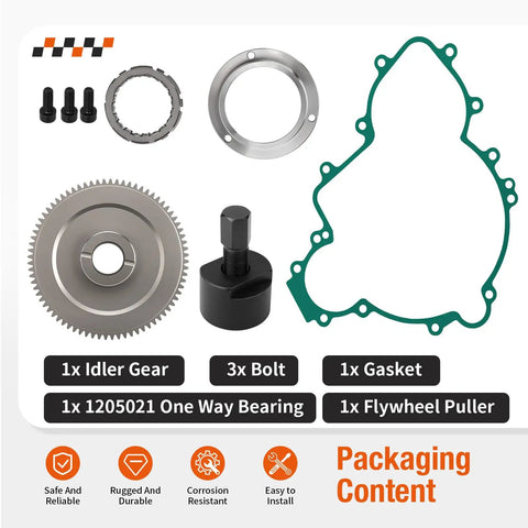 Beefed-Up Flywheel Puller And Starter Clutch Idler Gear One Way Bearing Kit contents with gasket and bolts displayed